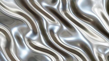 Silver chrome metal background, shiny and lustrous metal pattern texture, silky liquid chrome waves.