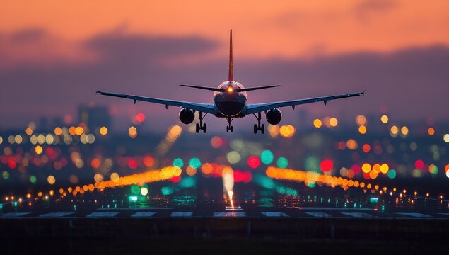 Airplane landing at sunset over city lights (1)