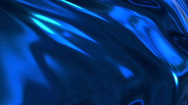 Blue 3D abstract graphics background animation, bright moving waves, shiny and glossy metallic silk waves; 4K video animation.