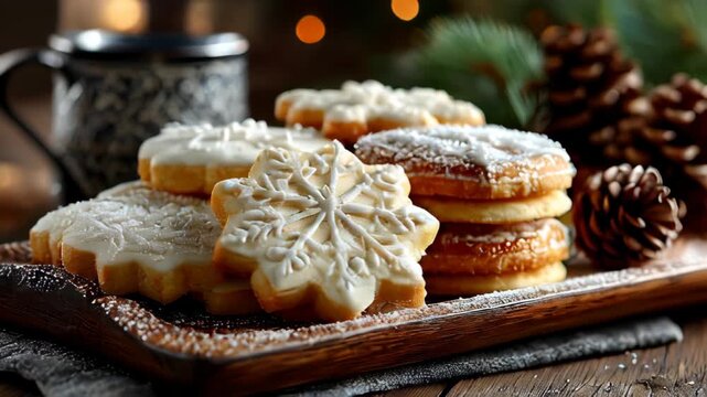Holiday cookies decorated with icing on a wooden tray surrounded by pinecones and festive decor
