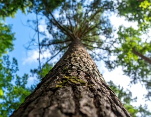 Magnificent tree perspective extending towards the open blue sky and green canopy