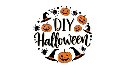 A circular design featuring Halloween elements. Includes carved pumpkins, witch hats, and spiders. The text reads 'DIY Halloween' in a playful font.