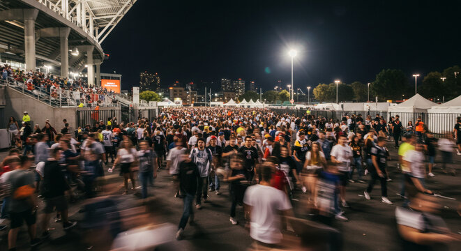 Large crowd departing from a stadium at night.
