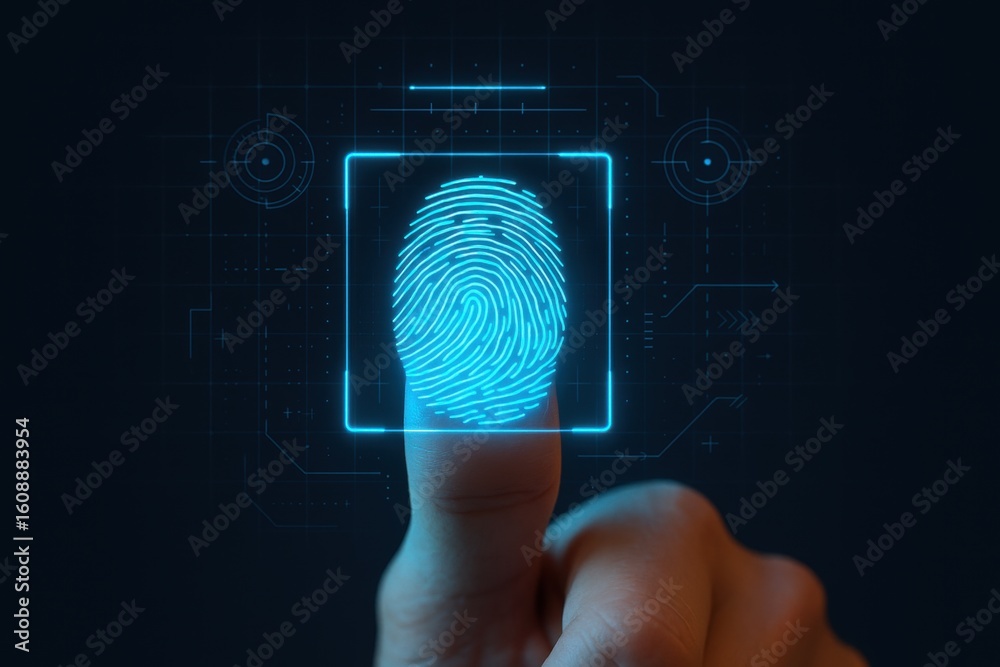 Poster digital fingerprint authentication: a high-tech, close-up capture of a human digit pressing into a d