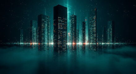 Futuristic night cityscape with glowing skyscrapers and data streams reflected in a misty, dark metropolis.