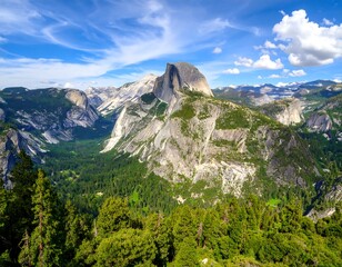 Magnificent panorama showcasing Half Dome and the expansive valley below in Yosemite