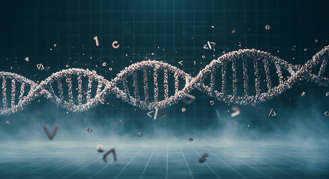 Abstract visualization of a DNA double helix on a futuristic digital grid background. Concept of genetics, biotechnology, and the code of life.