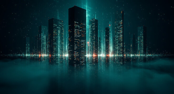 Futuristic night cityscape with glowing skyscrapers and data streams reflected in a misty, dark metropolis.