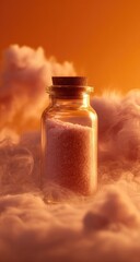Pink powder in glass bottle, surrounded by soft pink clouds. Warm, golden light