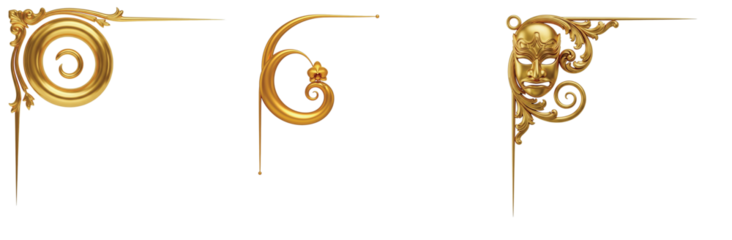 Captivating Selection of Isolated Golden Rococo and Baroque Corner Designs, Featuring Intricate Scrolls and a Dramatic Mask, Ideal for Theatrical or Classical Themes