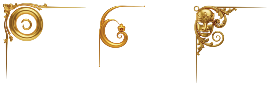 Captivating Selection of Isolated Golden Rococo and Baroque Corner Designs, Featuring Intricate Scrolls and a Dramatic Mask, Ideal for Theatrical or Classical Themes - Powered by Adobe