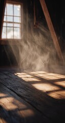 Sunlight streams through attic window, illuminating wooden floor with hazy mist