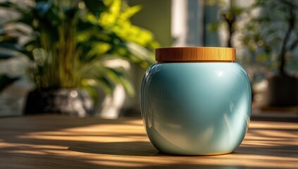 Teal ceramic jar with light wooden lid on a table, plants in the background