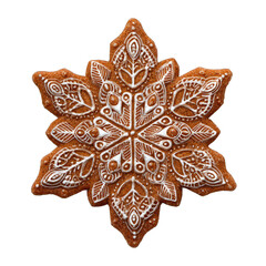 Gingerbread cookie shaped as snowflake isolated on transparent background