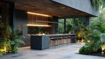 Fototapeta premium Contemporary outdoor kitchen with dark cabinets, long counter, and lush tropical plants
