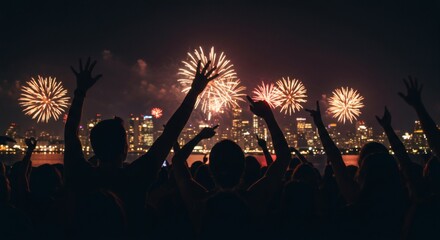 Silhouetted crowd with raised hands celebrating a vibrant fireworks display over a sparkling city skyline at night.