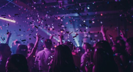 Vibrant Nightclub Party with Dancing Crowd and Falling Confetti Under Colorful Lights