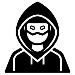 Hacker Face with Hoodie Icon – Black Outline Vector for Cybercrime and Online Threats