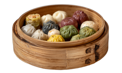 Dim Sum Delights: A close-up shot of a bamboo steamer basket filled with an array of delicious dim sum, showcasing the variety and artistry of this traditional culinary experience