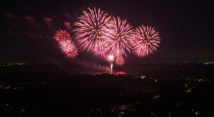 Vibrant Pink Fireworks Exploding Against Dark Night Sky Over Distant City Landscape