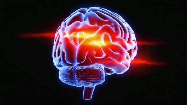 Dynamic brain scan animation highlights neural activity for medical research or educational simulations with glowing red and blue lights on black backdrop.