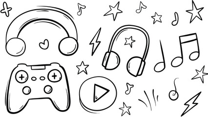 Hand Drawn Entertainment Icons &ndash; Music, Gaming & Media Doodle Set
