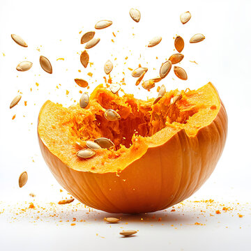 Bursting pumpkin with flying seeds for seasonal autumn design isolated on white background