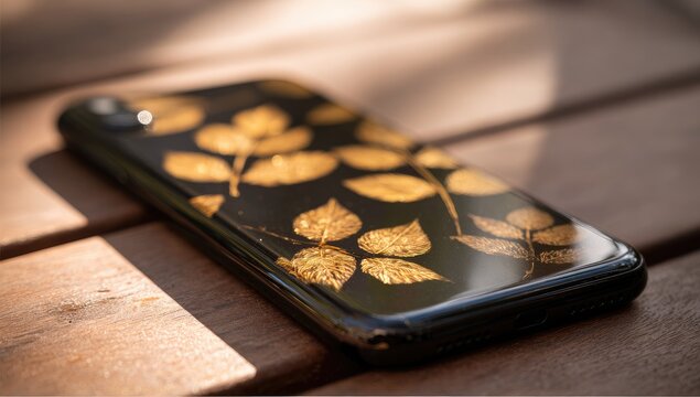 Smartphone case, black with gold leaf pressed leaves
