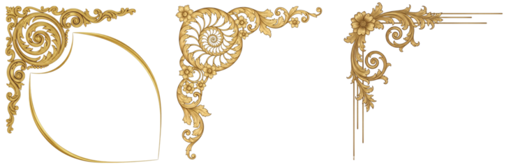 Magnificent Set of Isolated Golden Rococo and Baroque Corner Designs, Showcasing Elaborate Floral Patterns and Graceful Scrolls, Ideal for Luxurious Embellishments