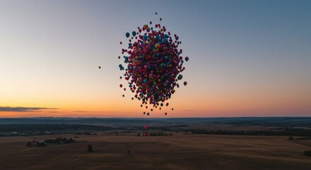 Vibrant cluster of balloons soaring above a serene rural landscape during golden hour.