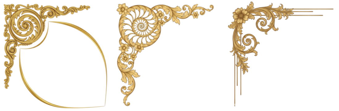Magnificent Set of Isolated Golden Rococo and Baroque Corner Designs, Showcasing Elaborate Floral Patterns and Graceful Scrolls, Ideal for Luxurious Embellishments
