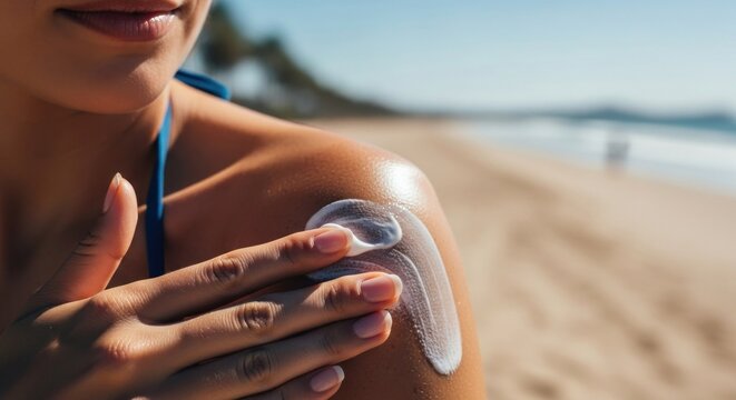 Close-up of woman applying sunscreen to shoulder at beach