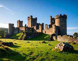 Majestic castle ruins illuminated by the sun in a rural landscape with green field