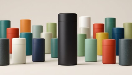 Fototapeta premium Many colored cylindrical containers, black one central