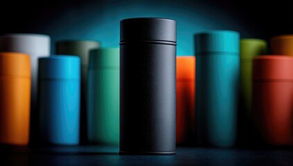 Fototapeta premium Black canister amongst colorful containers