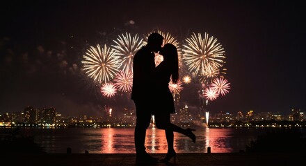 Romantic silhouette of couple kissing with spectacular fireworks display over city skyline at night