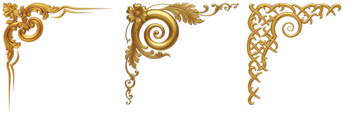 Intricate Set of Isolated Golden Rococo and Baroque Corner Decorations, Featuring Floral Motifs, Bold Swirls, and Intertwined Patterns, Perfect for Rich Visuals