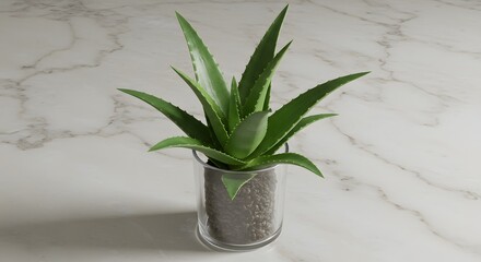 Aloe Vera Plant in Glass Container on Marble Surface