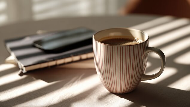 Coffee cup, notebook, phone on a table, sunlit