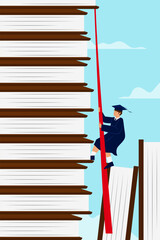 A student in graduation attire climbs a tall stack of books using a red ribbon, symbolizing perseverance and academic achievement.