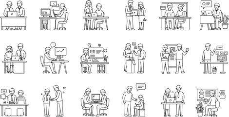  Black and white vector illustration set of office workers collaborating, analyzing data, using laptops, making presentations, and planning business strategies

flat vector illustration