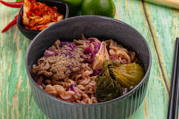 Korean kimchi beef noodles soup