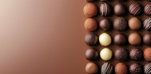 Top view of chocolate praline pattern on dark brown background with Easter eggs in multicolor shades, featuring ample copy space for advertising banners or promotional flyer designs