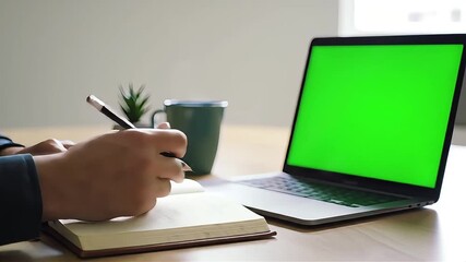 Modern workspace: Man writing in notebook with laptop featuring green screen for compositing and - Powered by Adobe