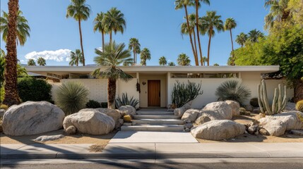 Exterior view of a mid-century modern style residence with landscape