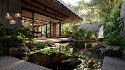 Luxurious modern home featuring a koi pond, waterfall, and lush greenery