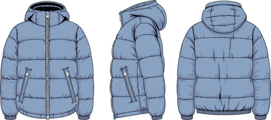 Blue puffer jacket technical flat sketch, front side back view, winter outerwear design, fashion template, vector apparel illustration, zipper detail  flat vector illustration © Best_Design