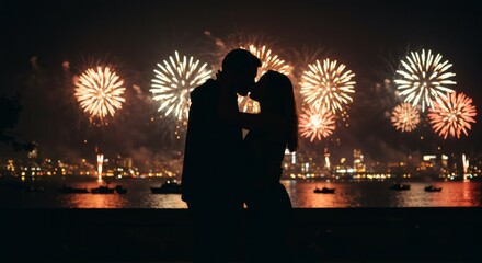 Romantic silhouette couple kissing with vibrant fireworks illuminating the night city skyline and sparkling water.