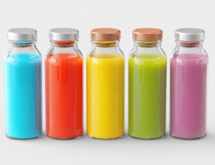Five colorful glass bottles, filled with vibrant juices or smoothies, arranged in a row against a plain background