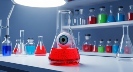 A laboratory scene with a red liquid in a flask containing a fake eyeball. Various colorful flasks are arranged on a shelf in the background. Halloween theme.